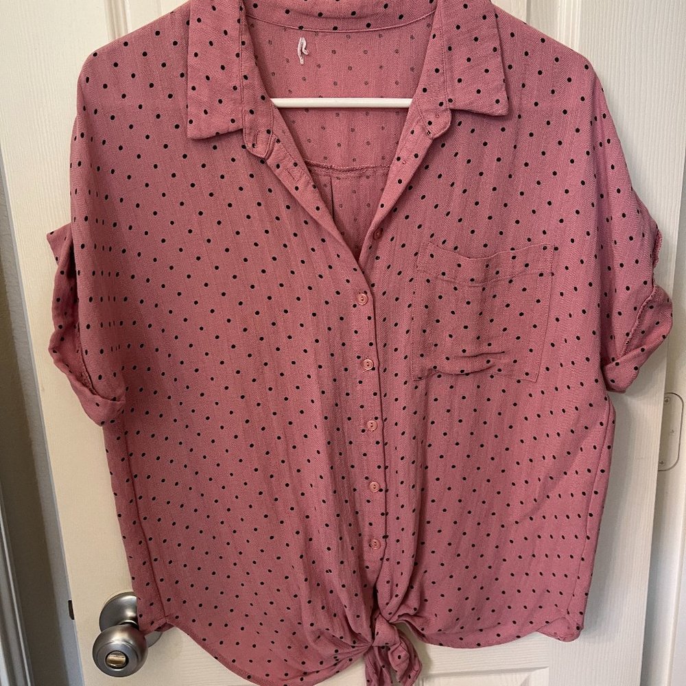 Polka Dot Light Pink Tie Front Top